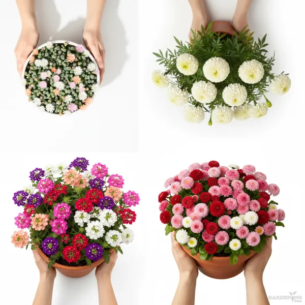 Premium Winter Flower Seeds Combo [A.Marigold White Gold(10), Mesembryathemum Icy Mix (Ice Plant)(10), Verbena Obsession Formula Mix(10), Bellis Tasso Mix(10)]